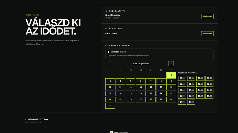 Az Idora nyilvános online foglalási felülete